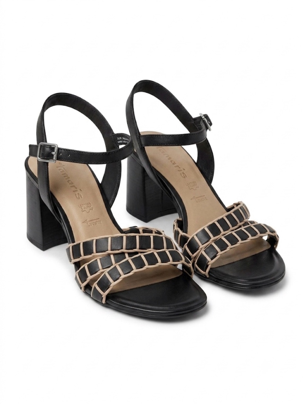 Tamaris Black Leather Woven Strap Block Heel Sandals Size 38 (US 7.5)